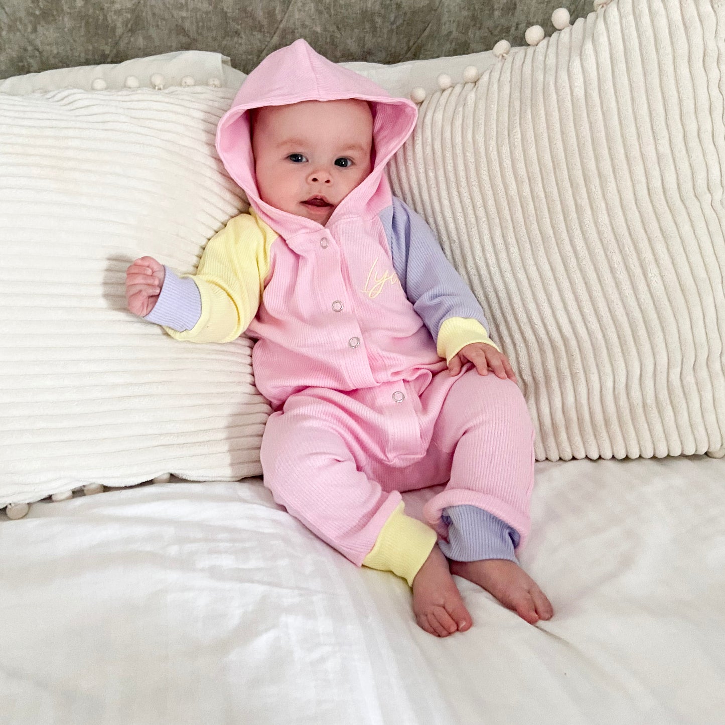 Baby Pink, Lilac & Lemon Ribbed Lounge Hooded All-In-One (Made to Order)