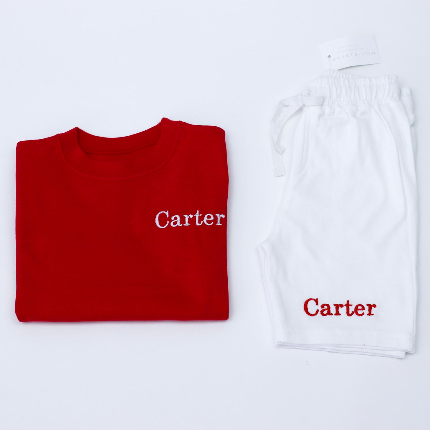 Red T-Shirt + ALL COLOUR OPTIONS Cotton Shorts Combo Embroidered Set