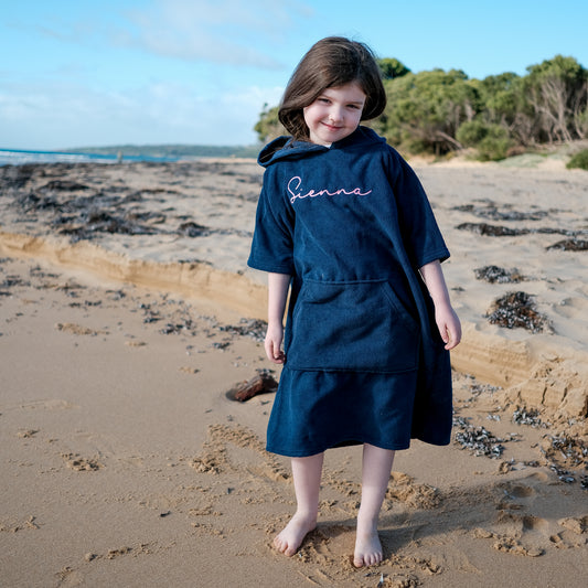 Navy Embroidered Towel Poncho