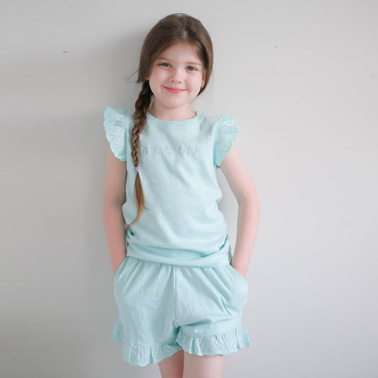 Eggshell Blue Embroidered Frilly Shorts Set