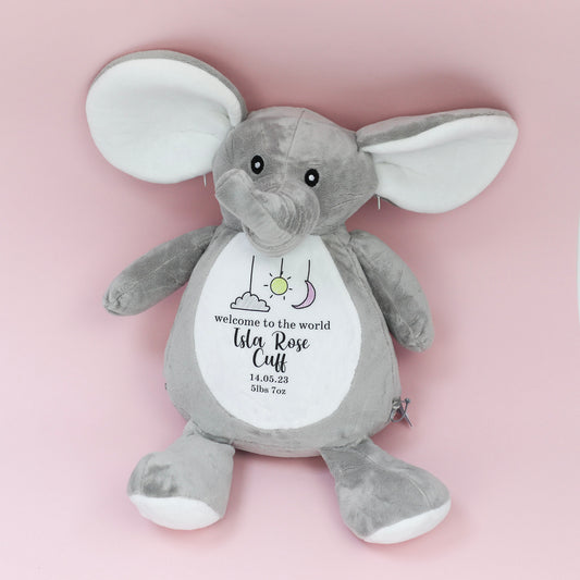 Pink Hanging Doodle Elephant Personalised Birth Teddy Bear Plush