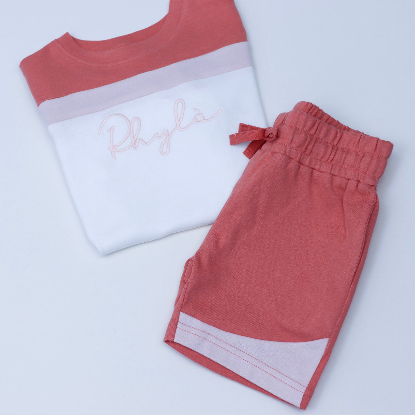 Peach Embroidered Block Stripe Shorts Set