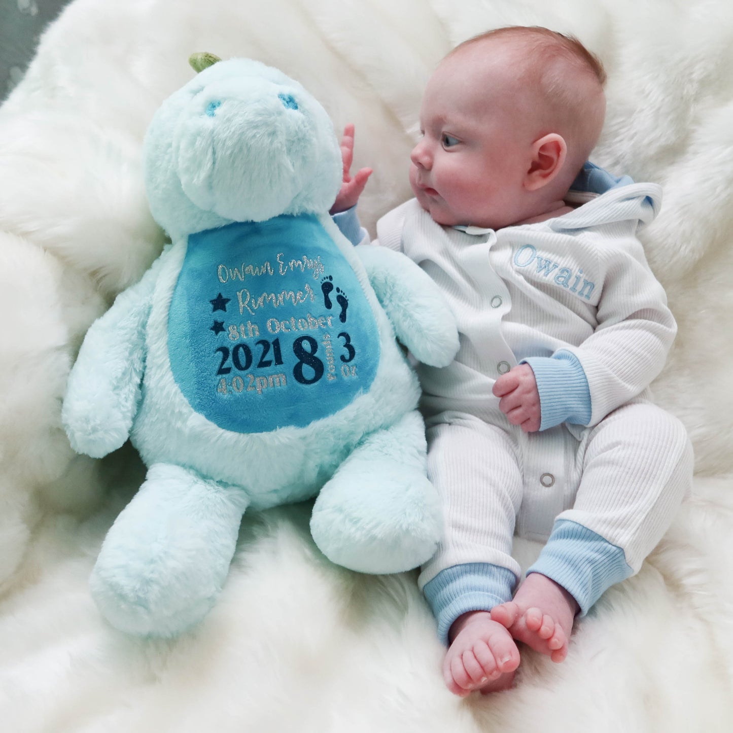 Blue Dinosaur Personalised Birth Teddy Bear Plush