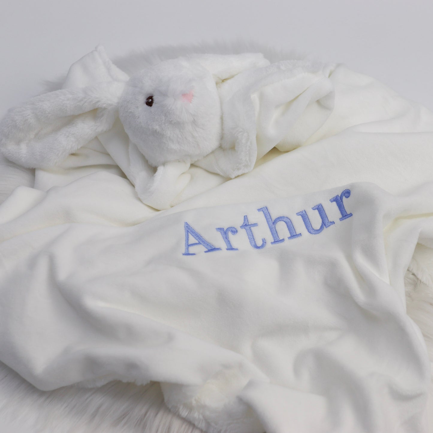 White Bunny Embroidered Teddy Blanket
