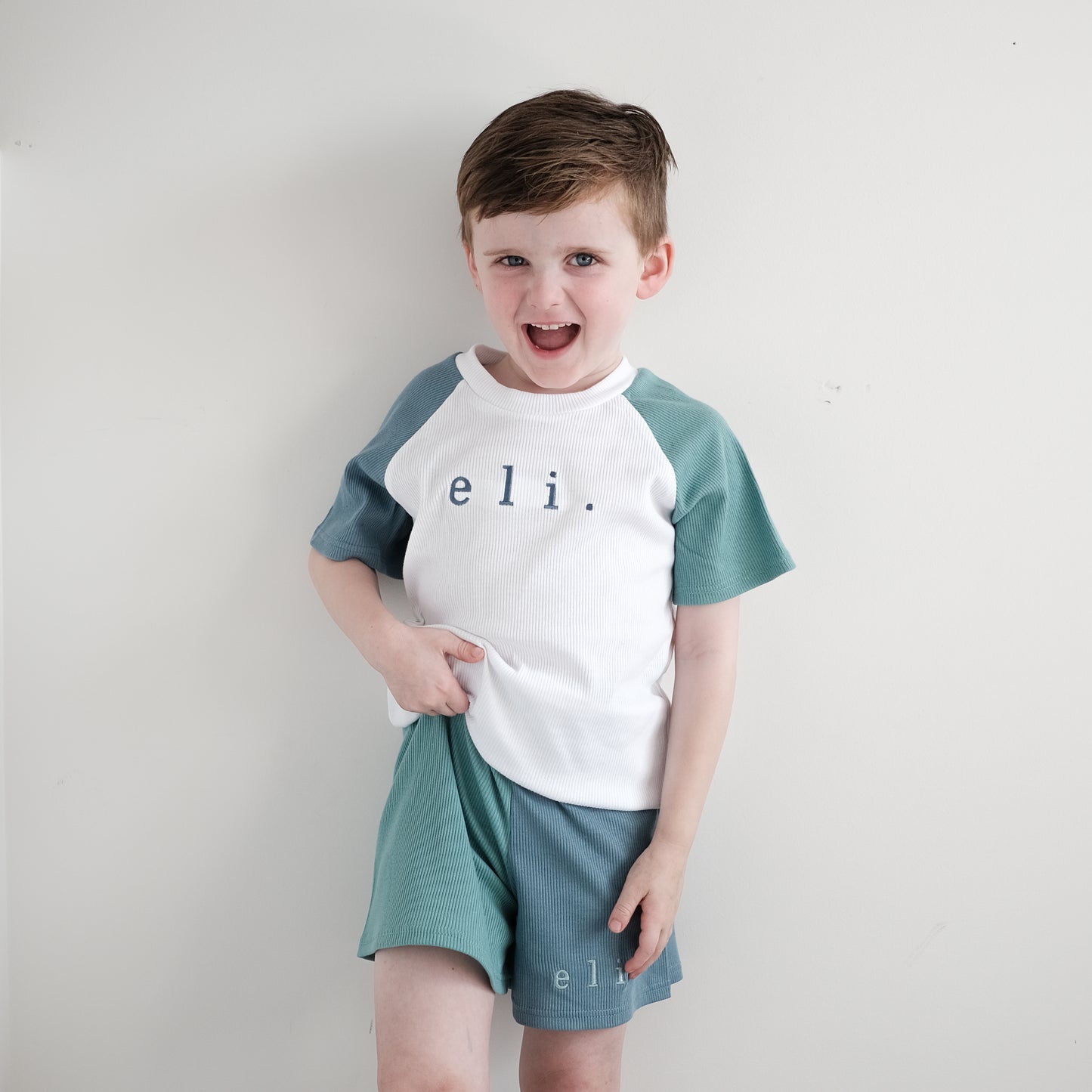 White, Oil Green & Dusky Blue Ribbed Shorts Lounge Set (Made to Order)