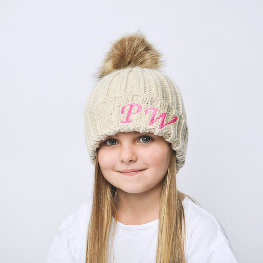 Oatmeal Embroidered Faux Fur Pom Pom Hat
