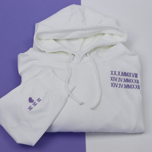 Roman Numerals Embroidered White Unisex Adults Hoodie