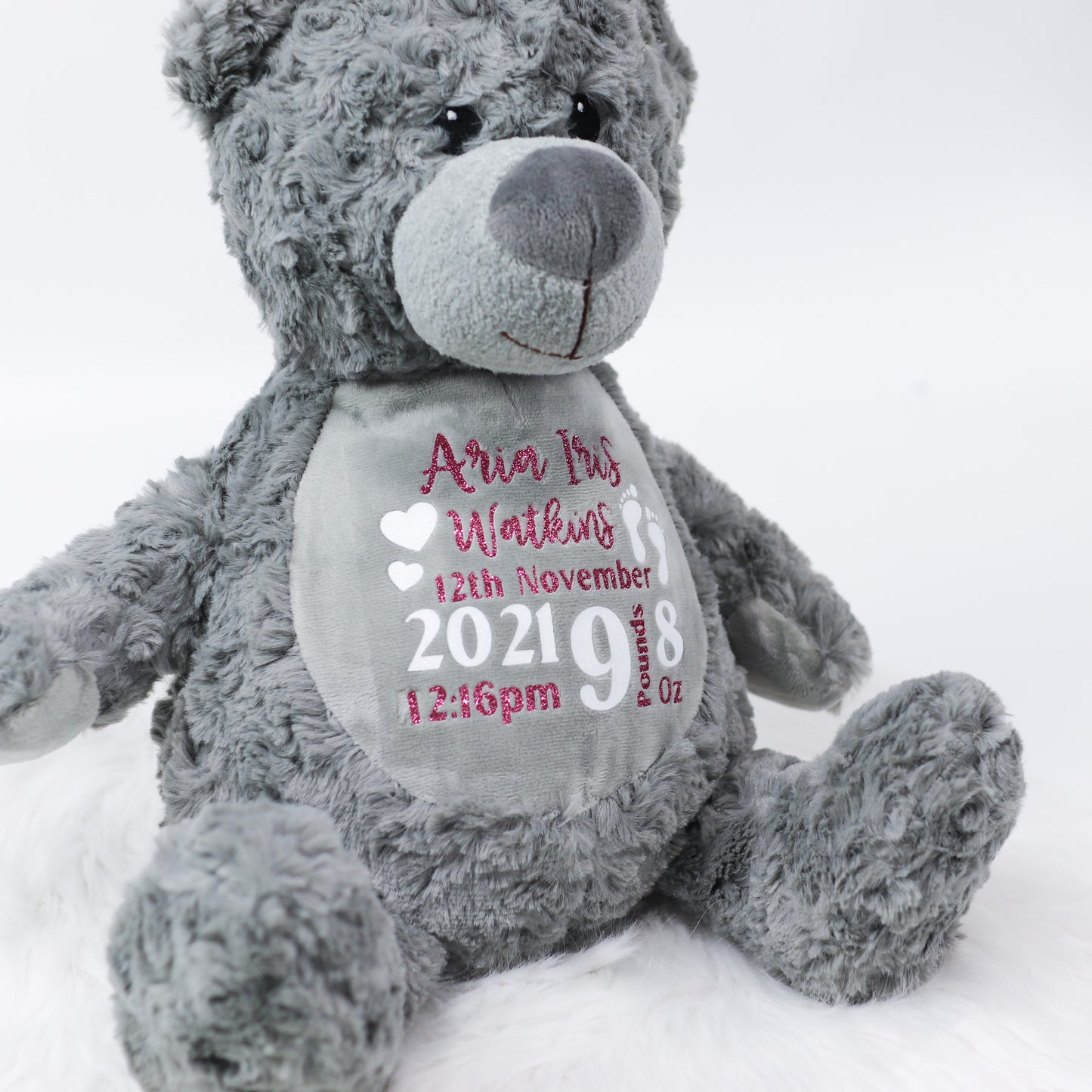 Grey (Pink & White) Personalised Birth Teddy Bear Plush