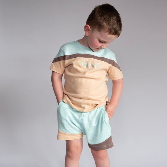 Eggshell/Sand Embroidered Block Stripe Shorts Set