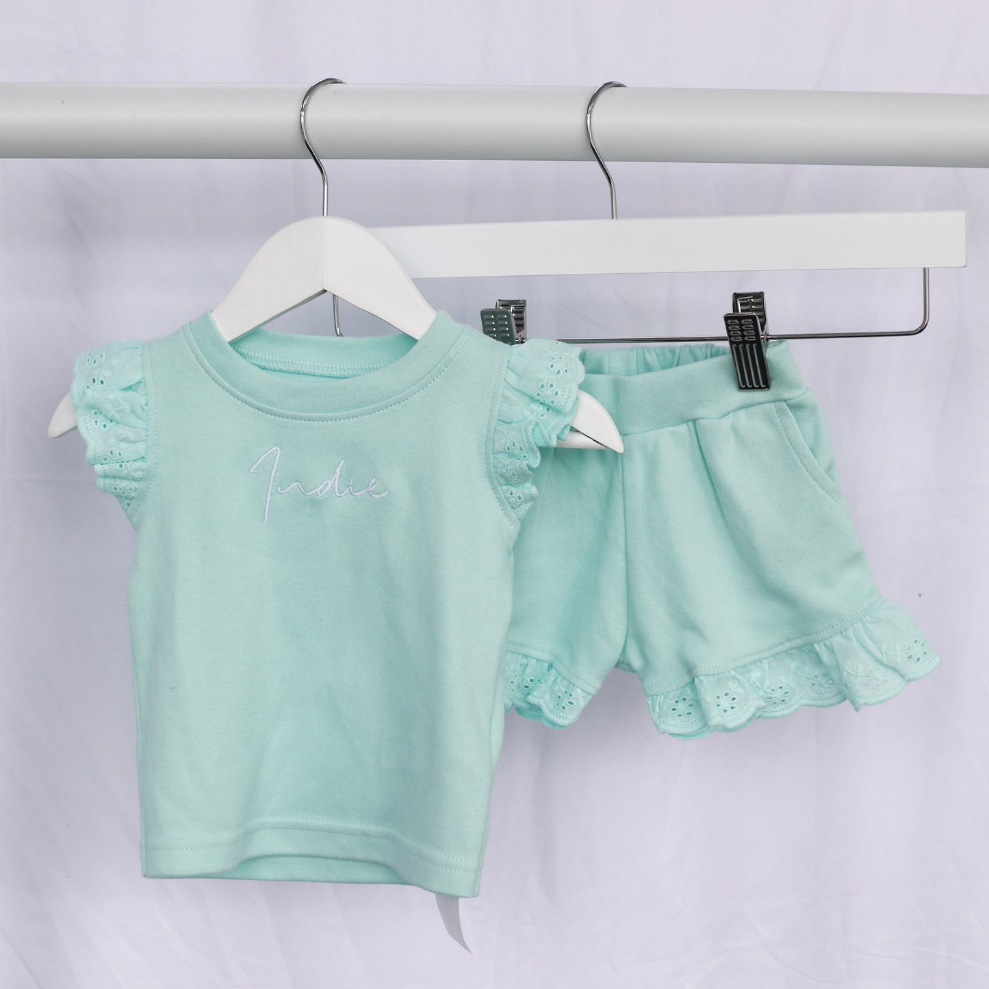 Eggshell Blue Embroidered Frilly Shorts Set
