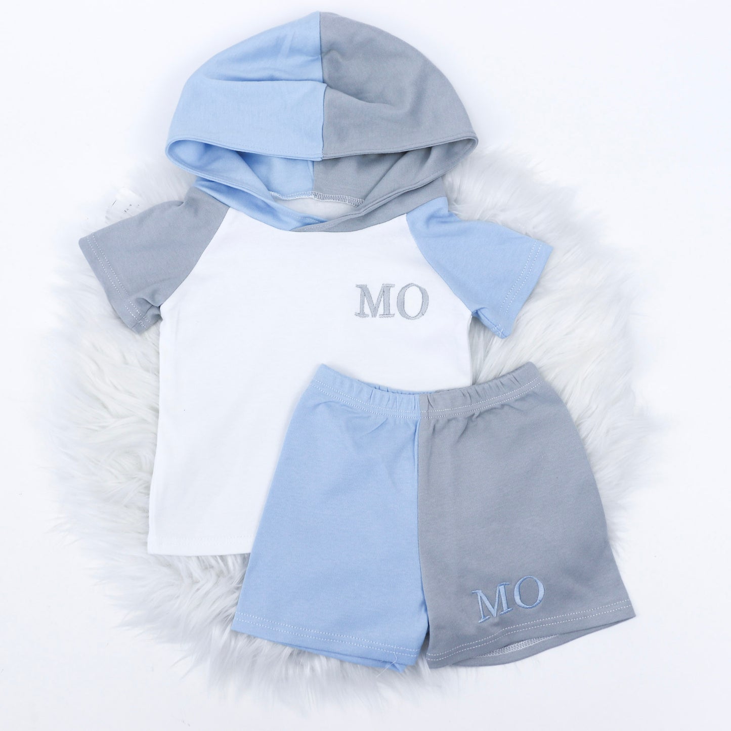 White, Baby Blue & Dove Grey Hooded Short Sleeve Top and Shorts Set (Made to Order)
