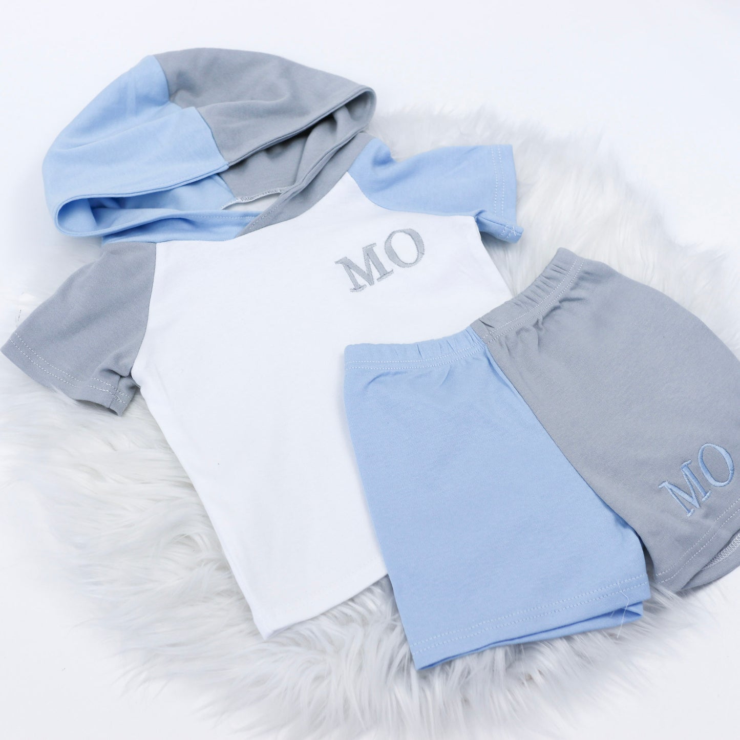 White, Baby Blue & Dove Grey Hooded Short Sleeve Top and Shorts Set (Made to Order)