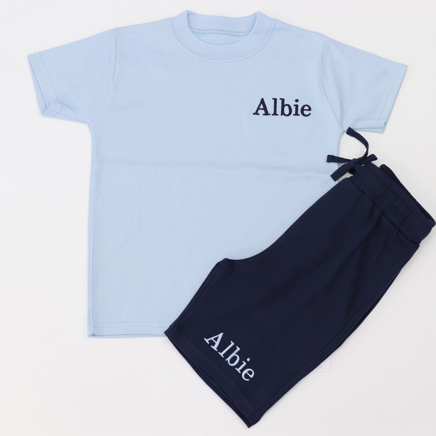 Light Blue T-Shirt + ALL COLOUR OPTIONS Cotton Shorts Combo Embroidered Set