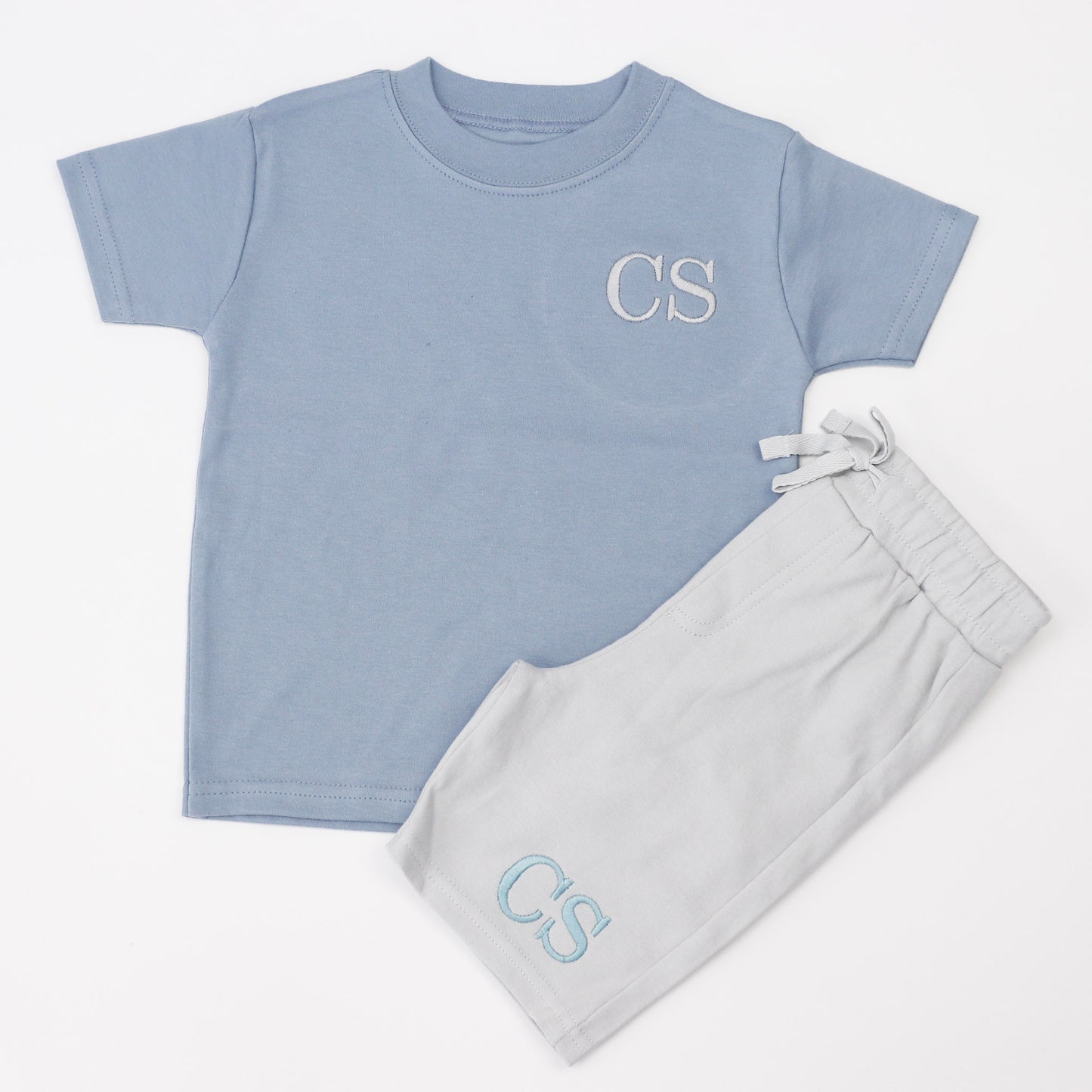 Dusty Blue T-Shirt + ALL COLOUR OPTIONS Cotton Shorts Combo Embroidered Set