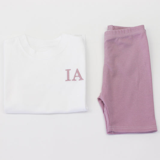 Embroidered T-Shirt & Dusky Pink Lounge Cycle Shorts Combo