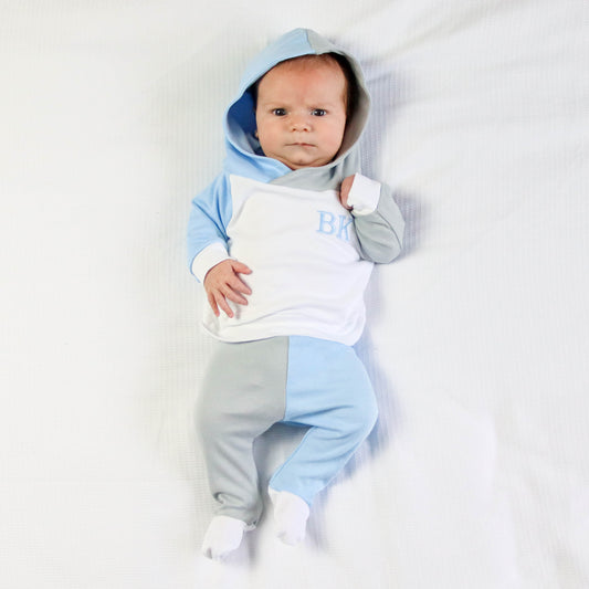 White, Baby Blue & Dove Hooded Top & Footie Lounge Set (Made to Order)