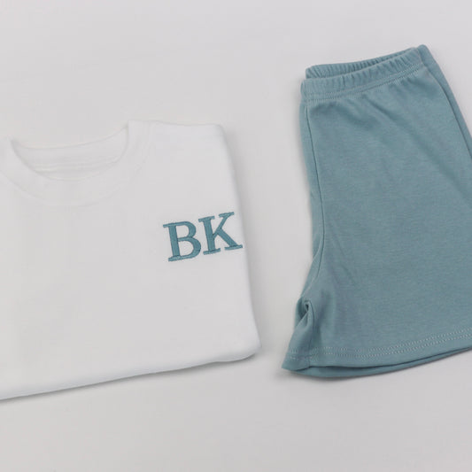 Embroidered T-Shirt & Dusky Blue Handmade Lounge Shorts Combo
