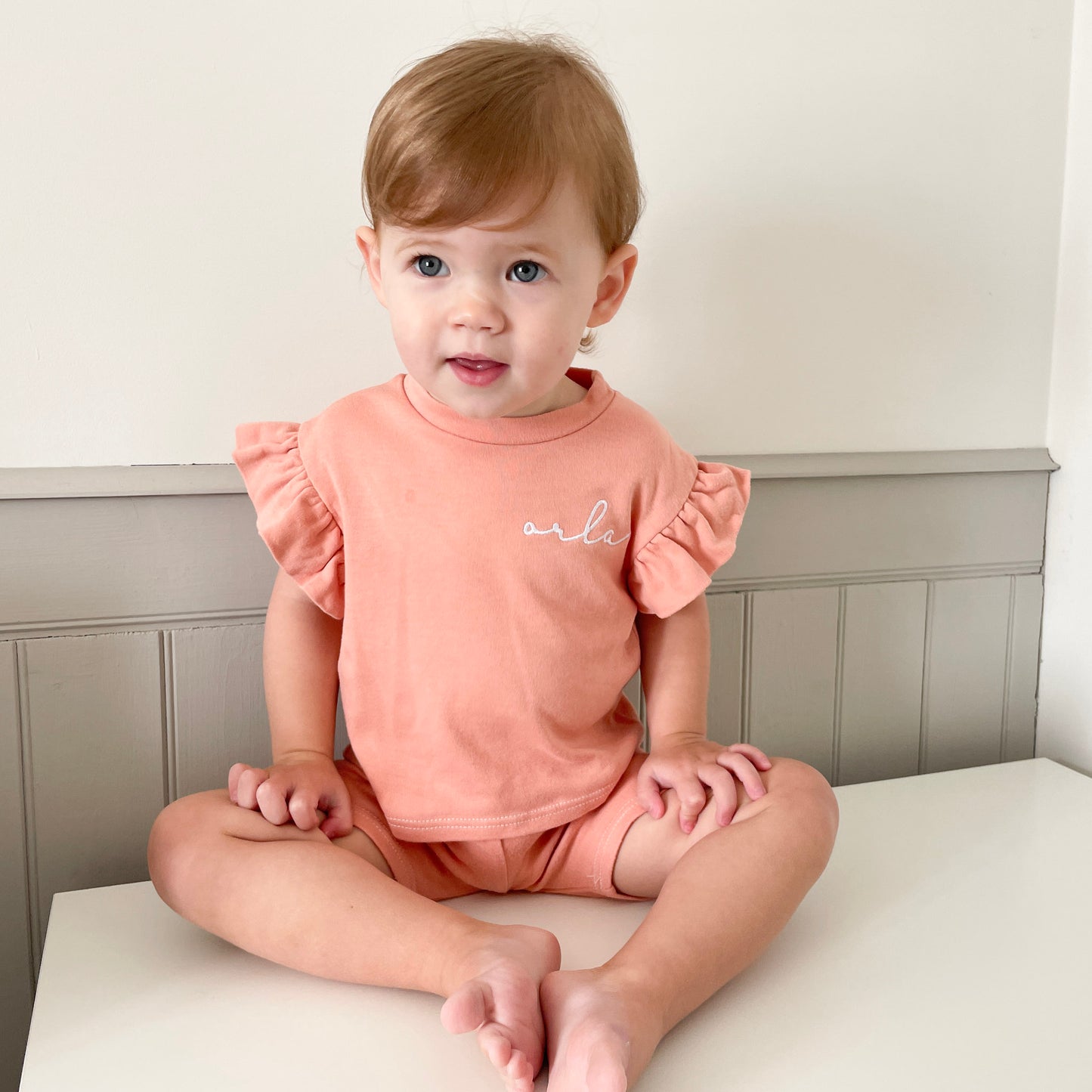 Peach Short Sleeve Flutter Sleeve & Cycle Shorts Lounge Set (Made to Order)