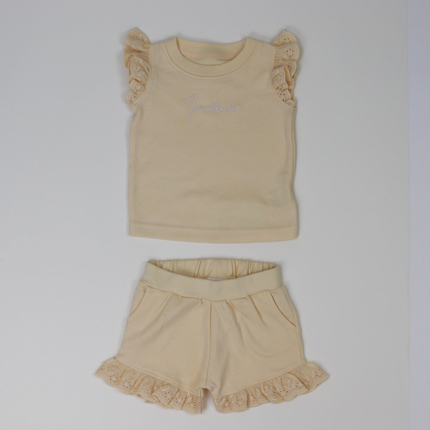 Apricot Cream Embroidered Frilly Shorts Set