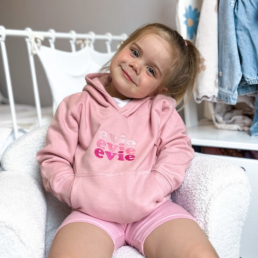 Baby Pink, Candy Pink, Cerise Triple Name Embroidered Children's Hoodie