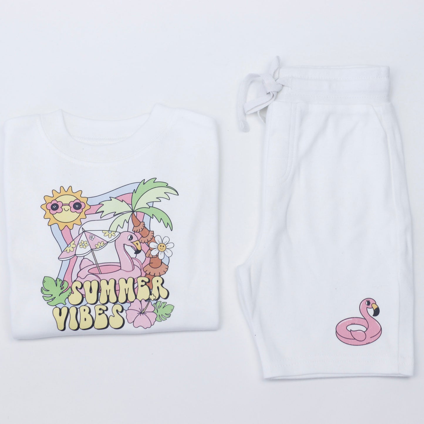 Summer Vibes Flamingo T-Shirt + White Shorts Set