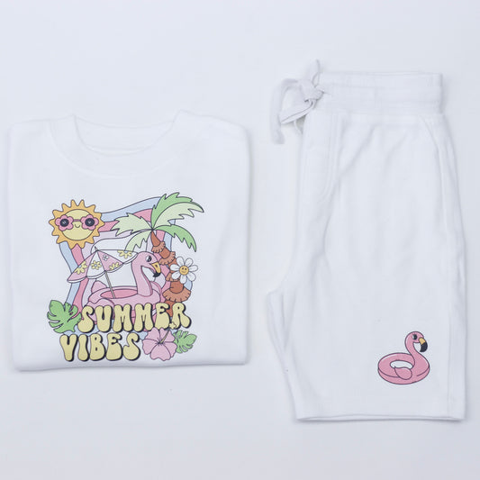 Summer Vibes Flamingo T-Shirt + White Shorts Set