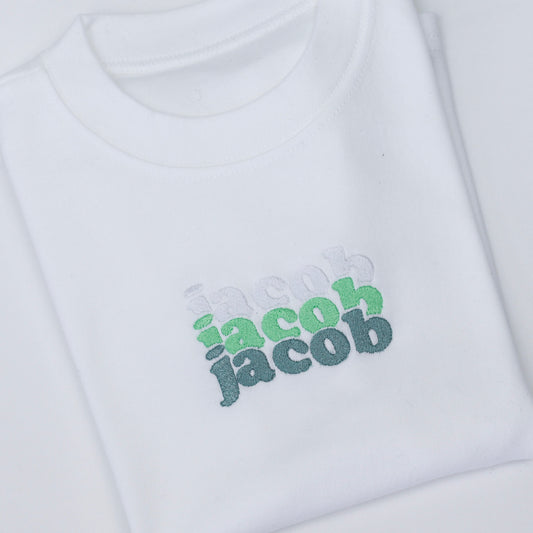 White, Mint, Oil Green Triple Name Embroidered T-Shirt