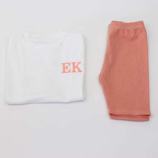 Embroidered T-Shirt & Peach Lounge Cycle Shorts Combo