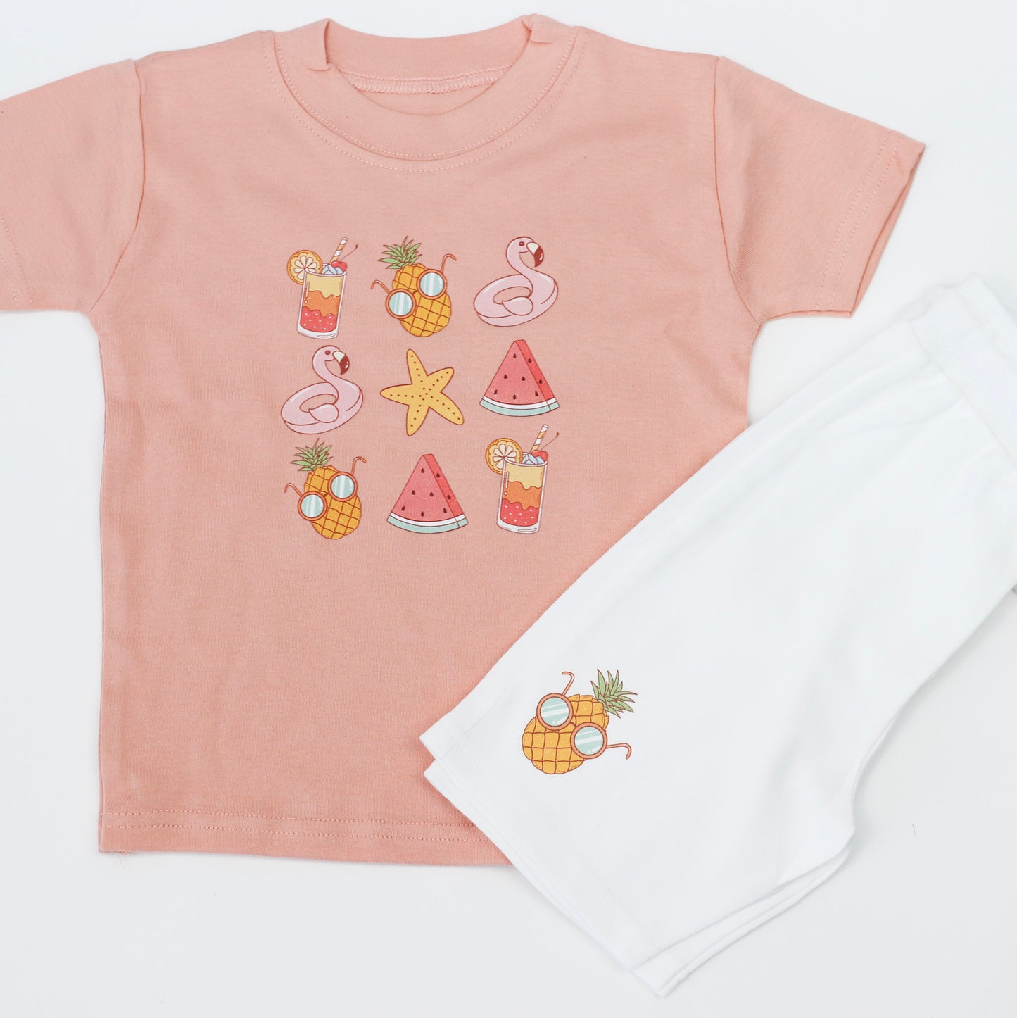 Summer Pineapple Grid T-Shirt + White Shorts Set