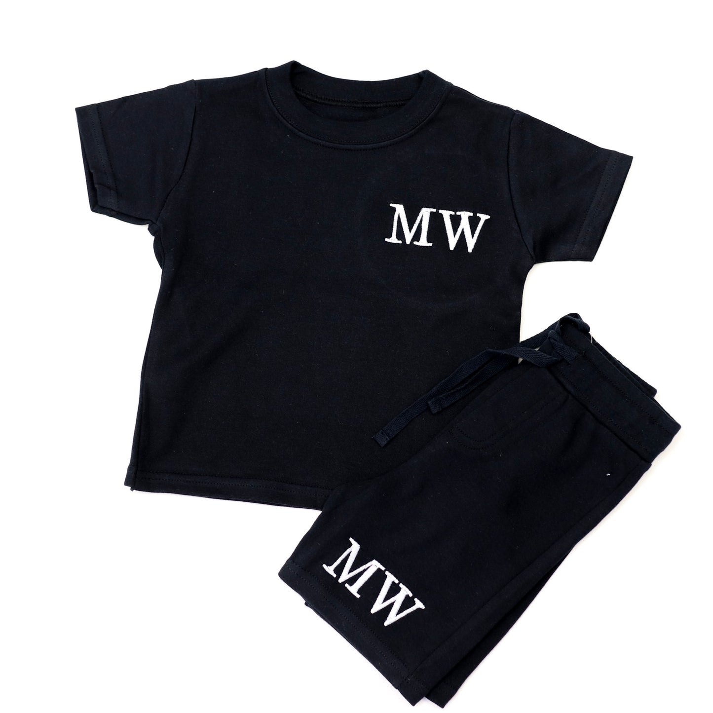 Black T-Shirt + ALL COLOUR OPTIONS Cotton Shorts Combo Embroidered Set