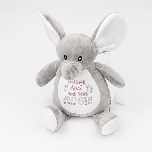 Elephant (Pink & Grey) Personalised Birth Teddy Bear Plush