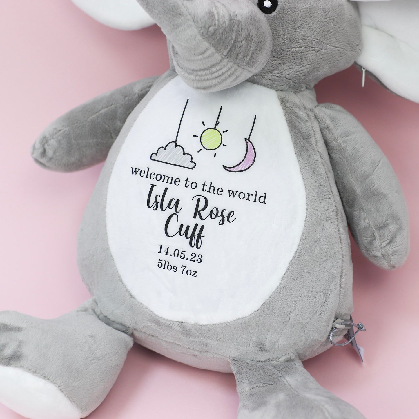 Pink Hanging Doodle Elephant Personalised Birth Teddy Bear Plush
