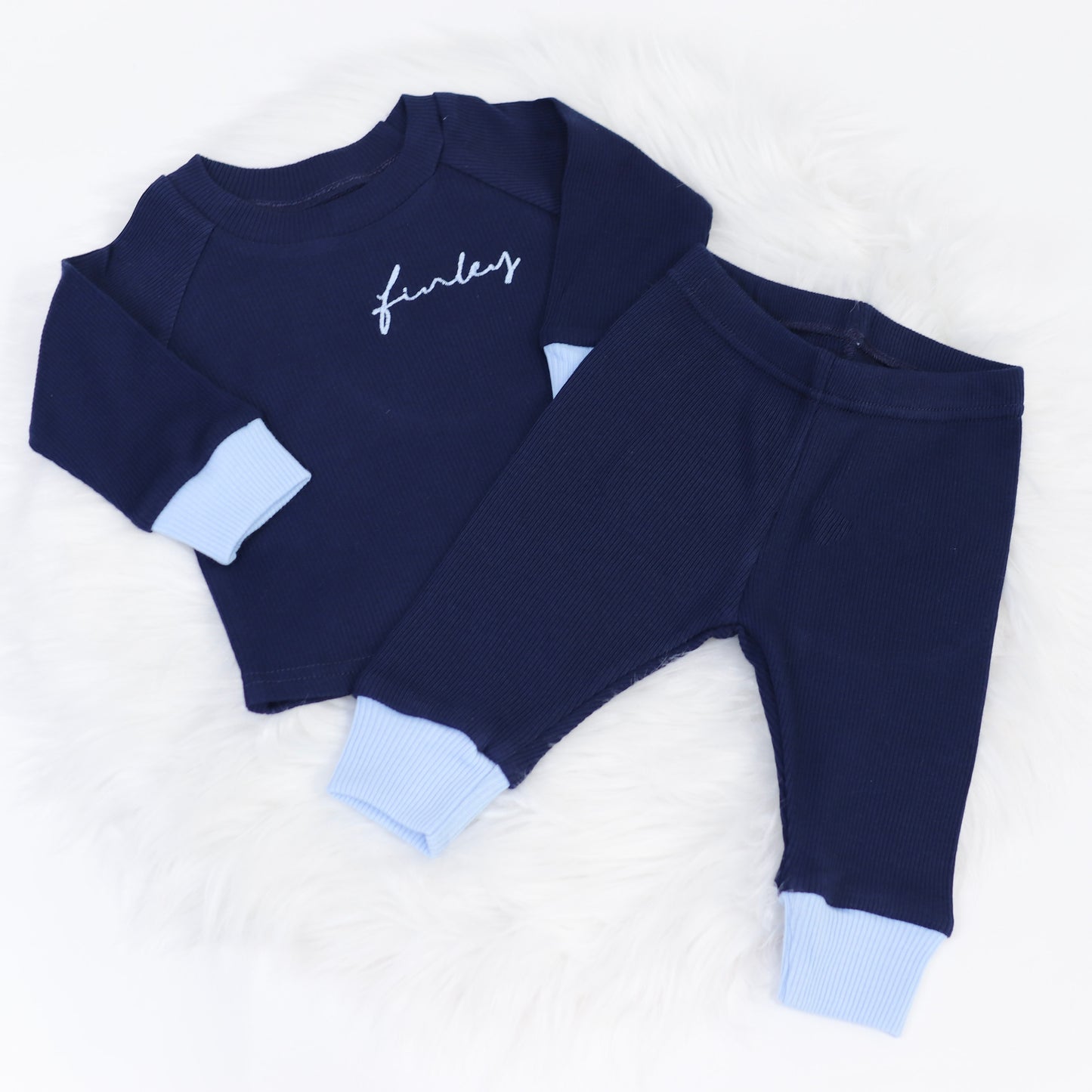 Navy & Baby Blue Ribbed Lounge Set (Made to Order)