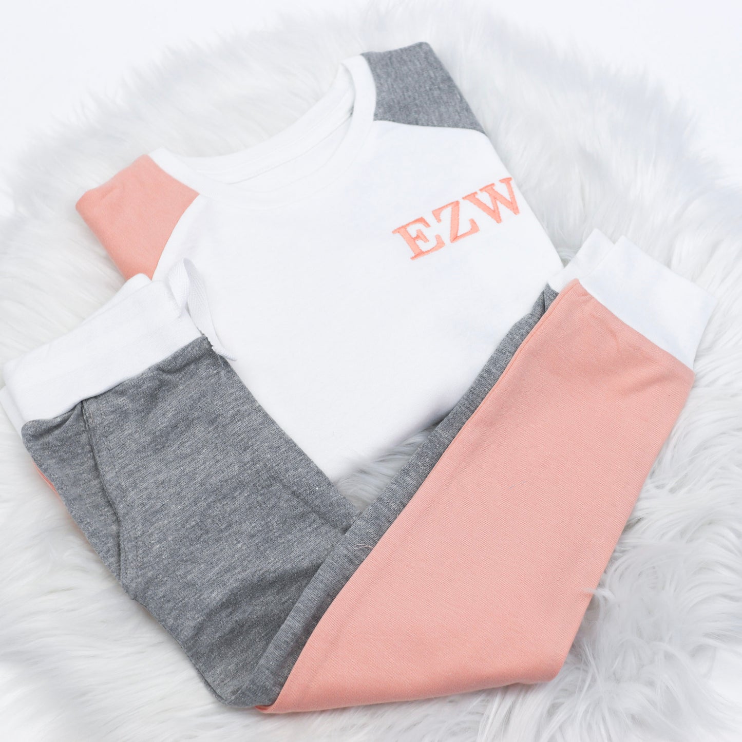 Peach, Grey & White Embroidered Initial Contrast Set