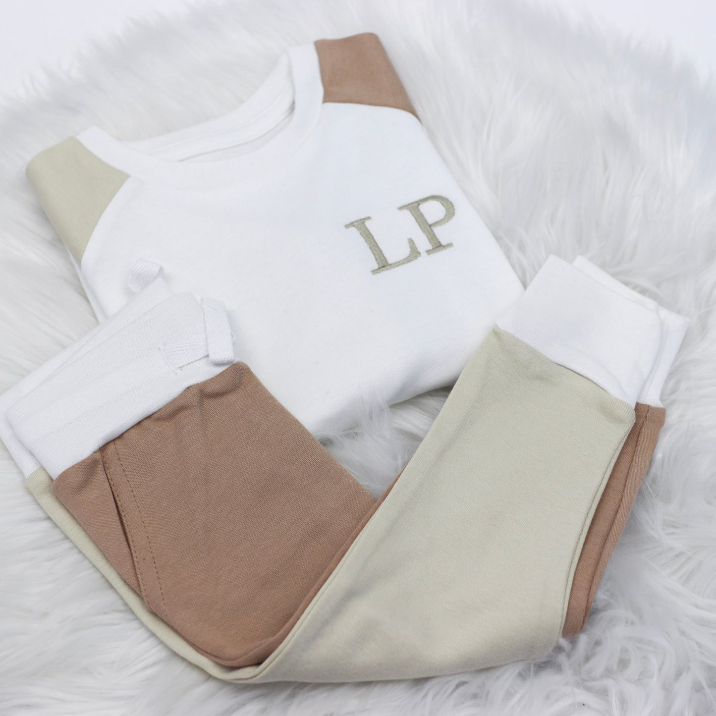 Oatmeal, Warm Taupe & White Embroidered Initial Contrast Set