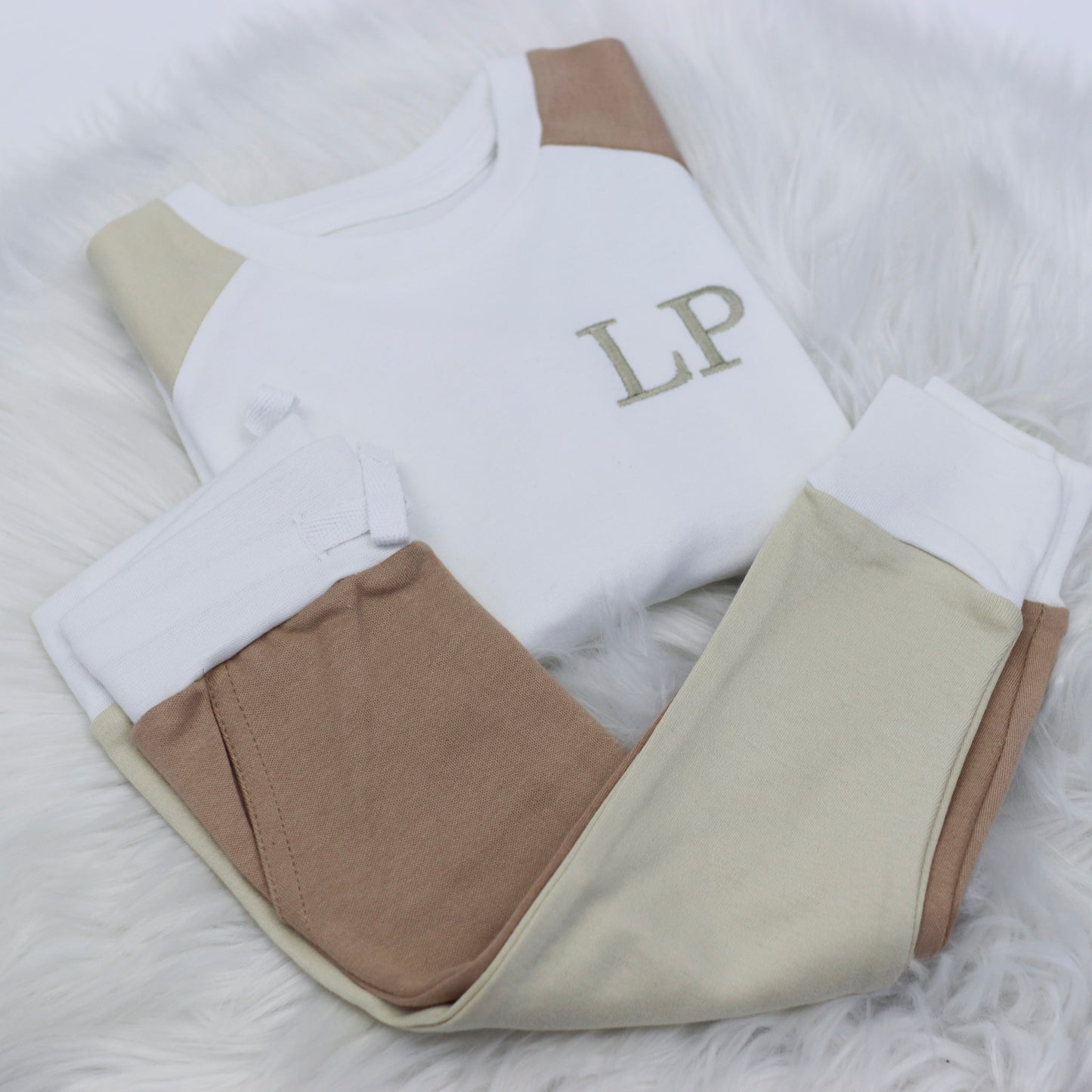 Oatmeal, Warm Taupe & White Embroidered Initial Contrast Set