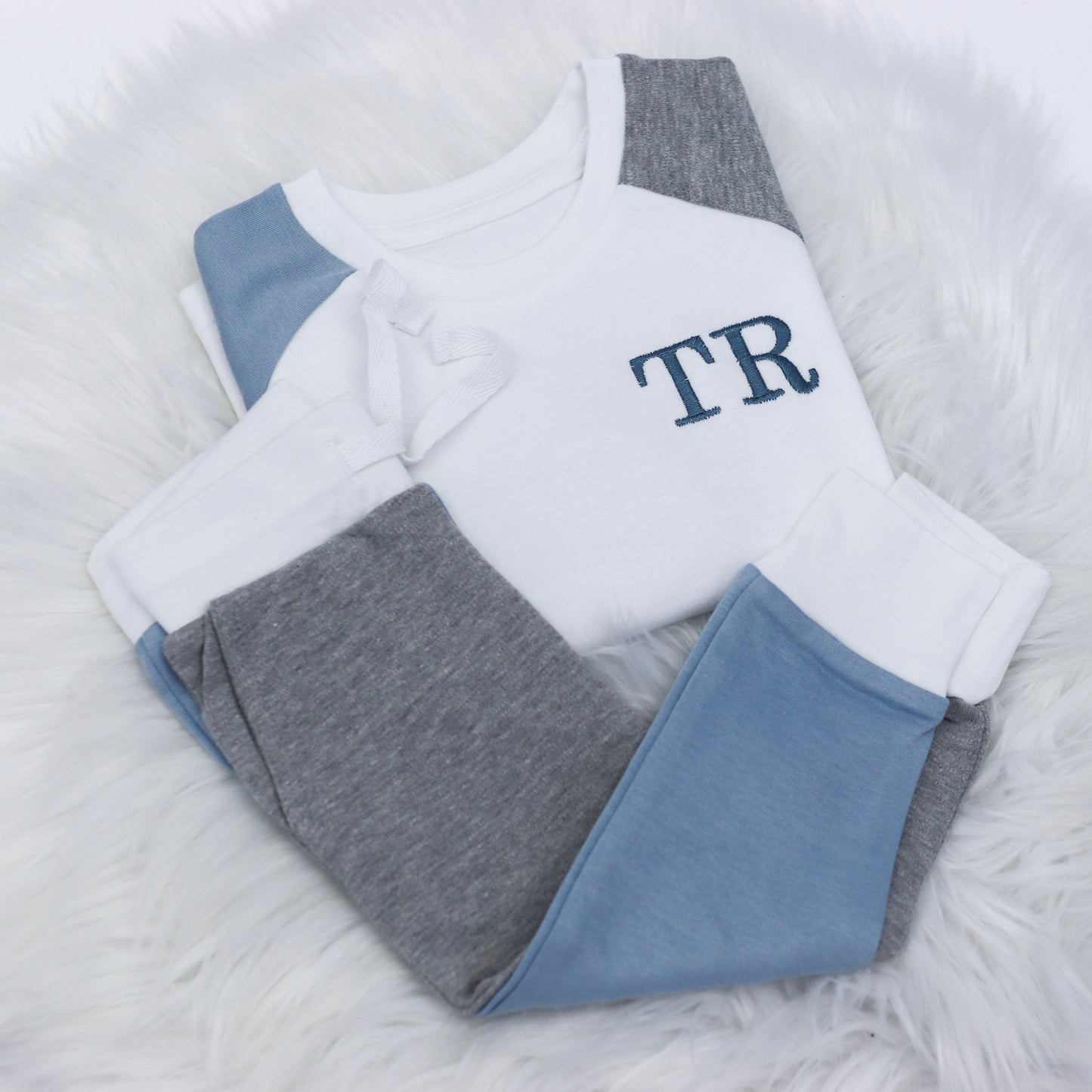Dusty Blue, Grey & White Embroidered Initial Contrast Set
