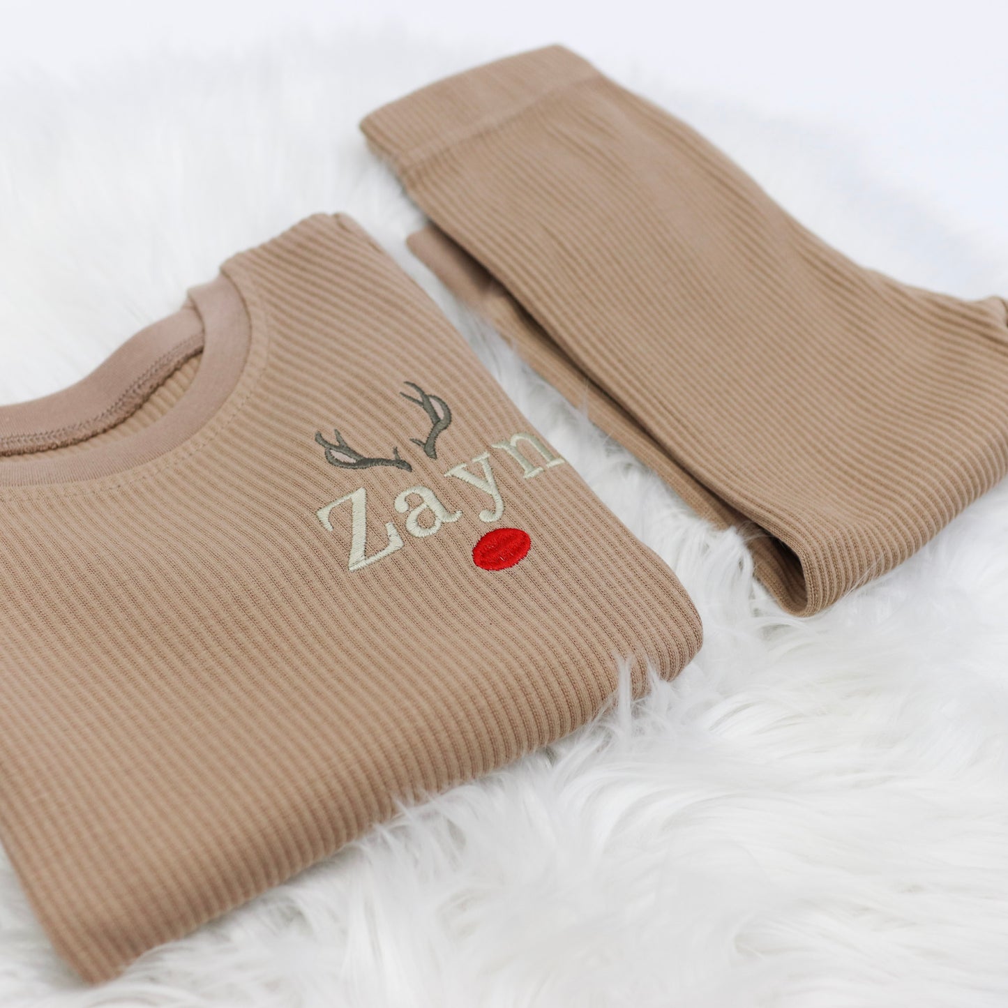Mini Reindeer Face Taupe Embroidered Ribbed Comfy Set - BLACK FRIDAY PRODUCT EXTENDED TURNAROUND