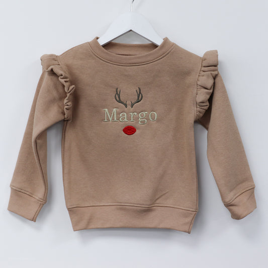 Nude Reindeer Embroidered Frilly Fleece Sweatshirt