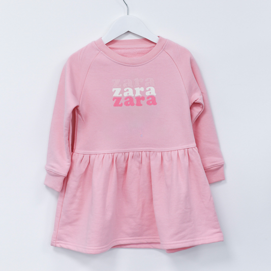 Candy Pink Triple Name Embroidered Raglan Sweater Dress