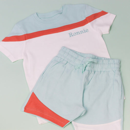 Eggshell/White Embroidered Block Stripe Shorts Set