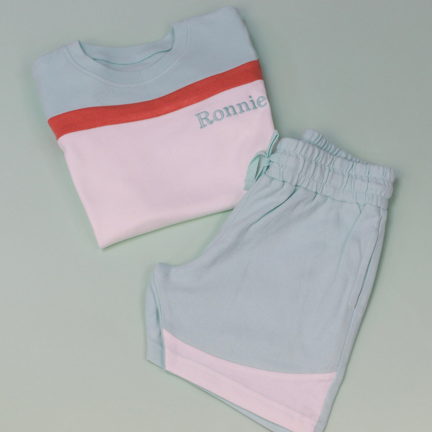 Eggshell/White Embroidered Block Stripe Shorts Set