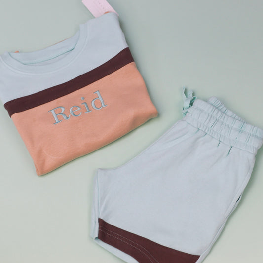 Eggshell/Sand Embroidered Block Stripe Shorts Set