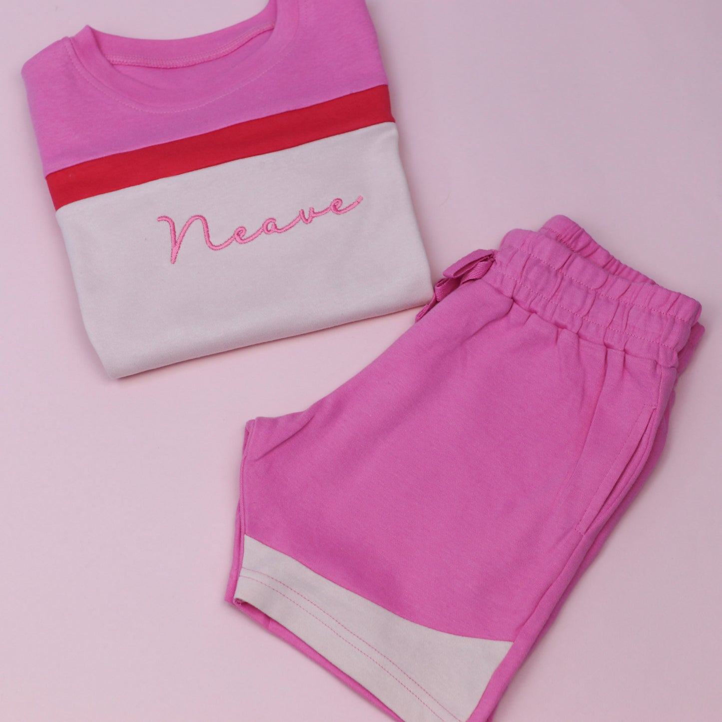 Pink Embroidered Block Stripe Shorts Set