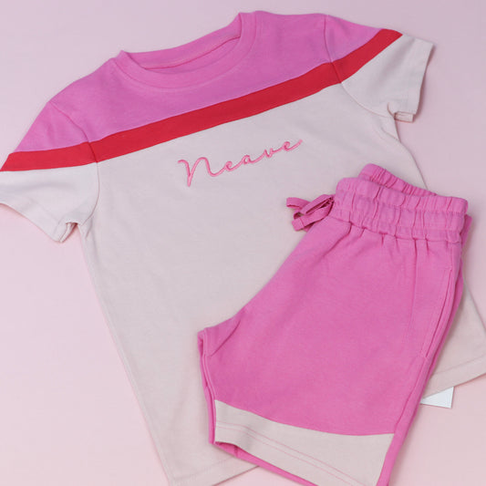 Pink Embroidered Block Stripe Shorts Set