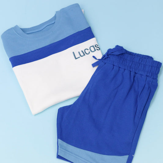 Blue/White Block Stripe Shorts Set