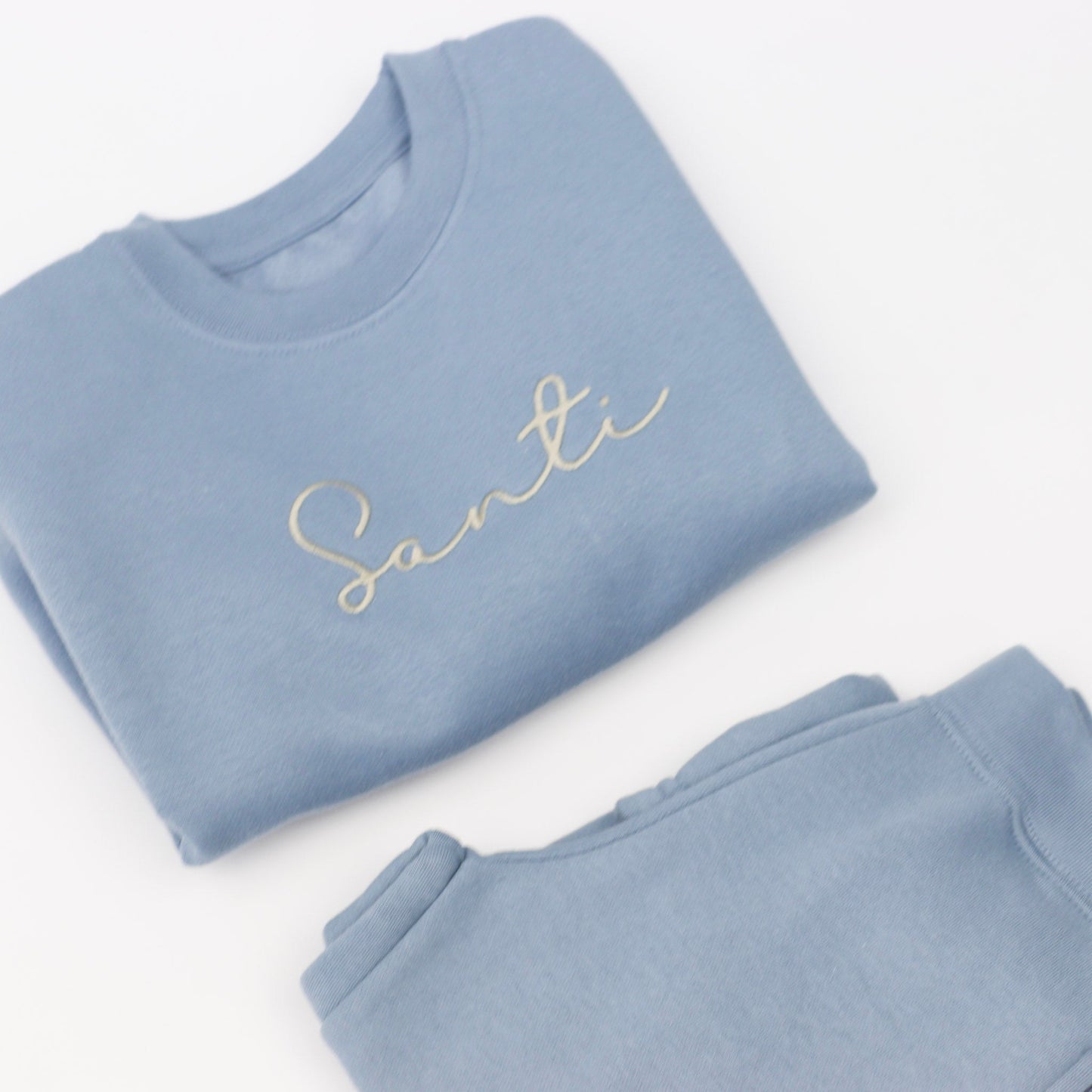 Dusty Blue Embroidered Soft Style Sweatshirt Tracksuit Set