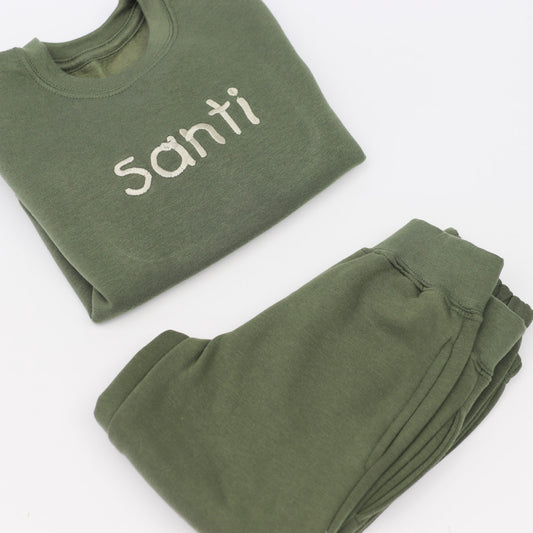 Khaki Embroidered Soft Style Sweatshirt Tracksuit Set