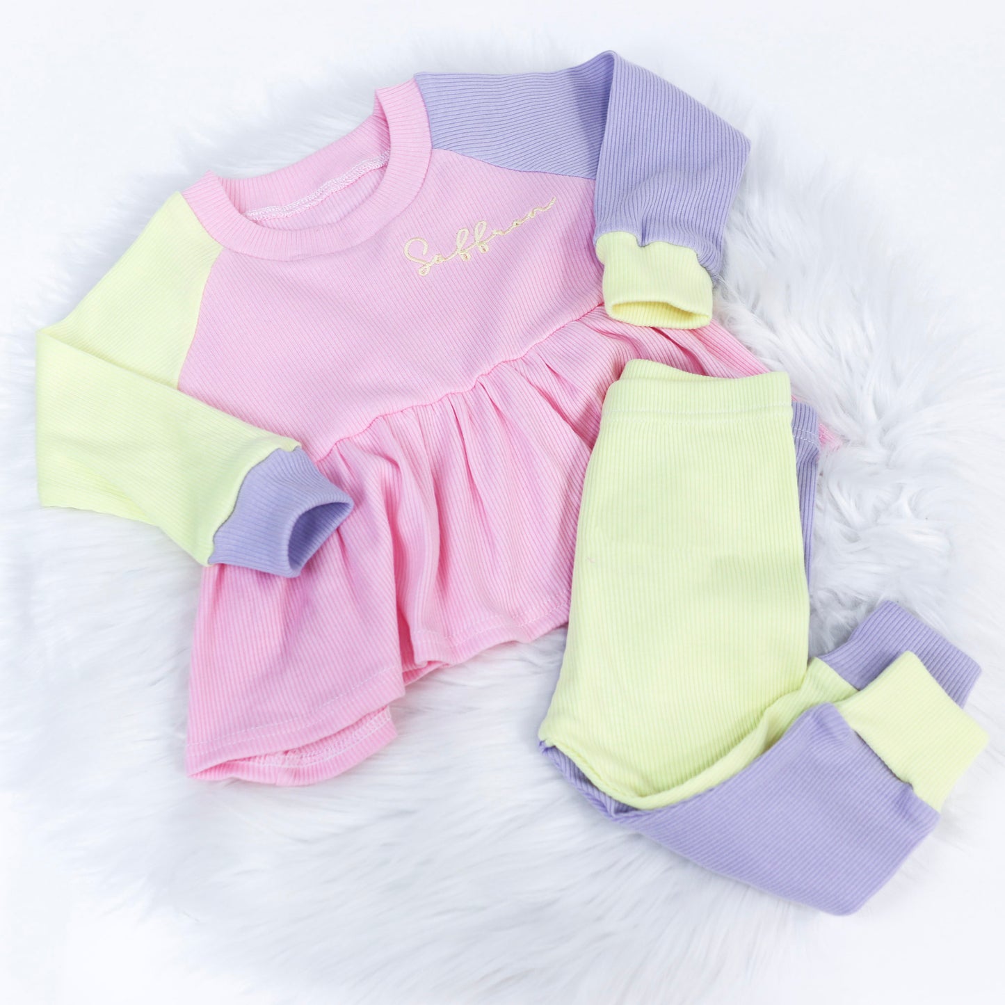 Baby Pink, Lilac & Lemon Ribbed Lounge Long Sleeve Peplum T-Shirt & Leggings Set (Made to Order)