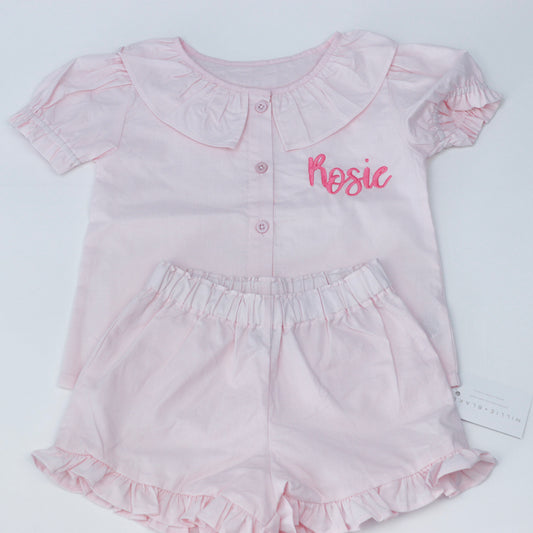 Pastel Pink Embroidered Linen Frilly T-Shirt & Short Set